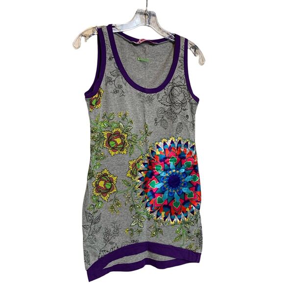 Women's Mini Tank Dress by Smash Size SM Gray With Purple Trim & Floral Design - Picture 2 of 11